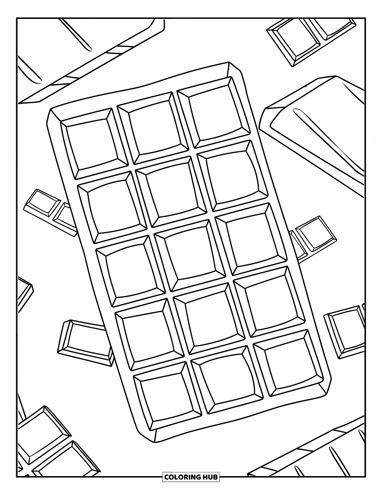 Chocolate Coloring Page for Kids: A large chocolate bar with a unique design sits on a board