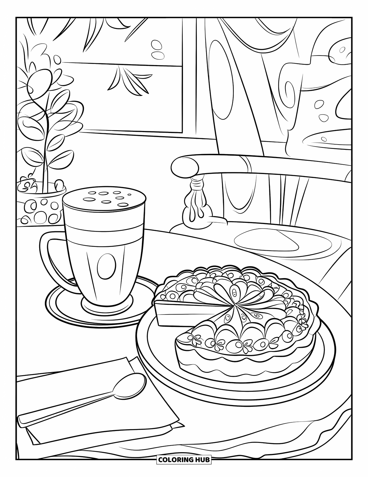 Chocolate Coloring Page for Kids: A mocha drink and chocolate tart sit on a café table with a napkin