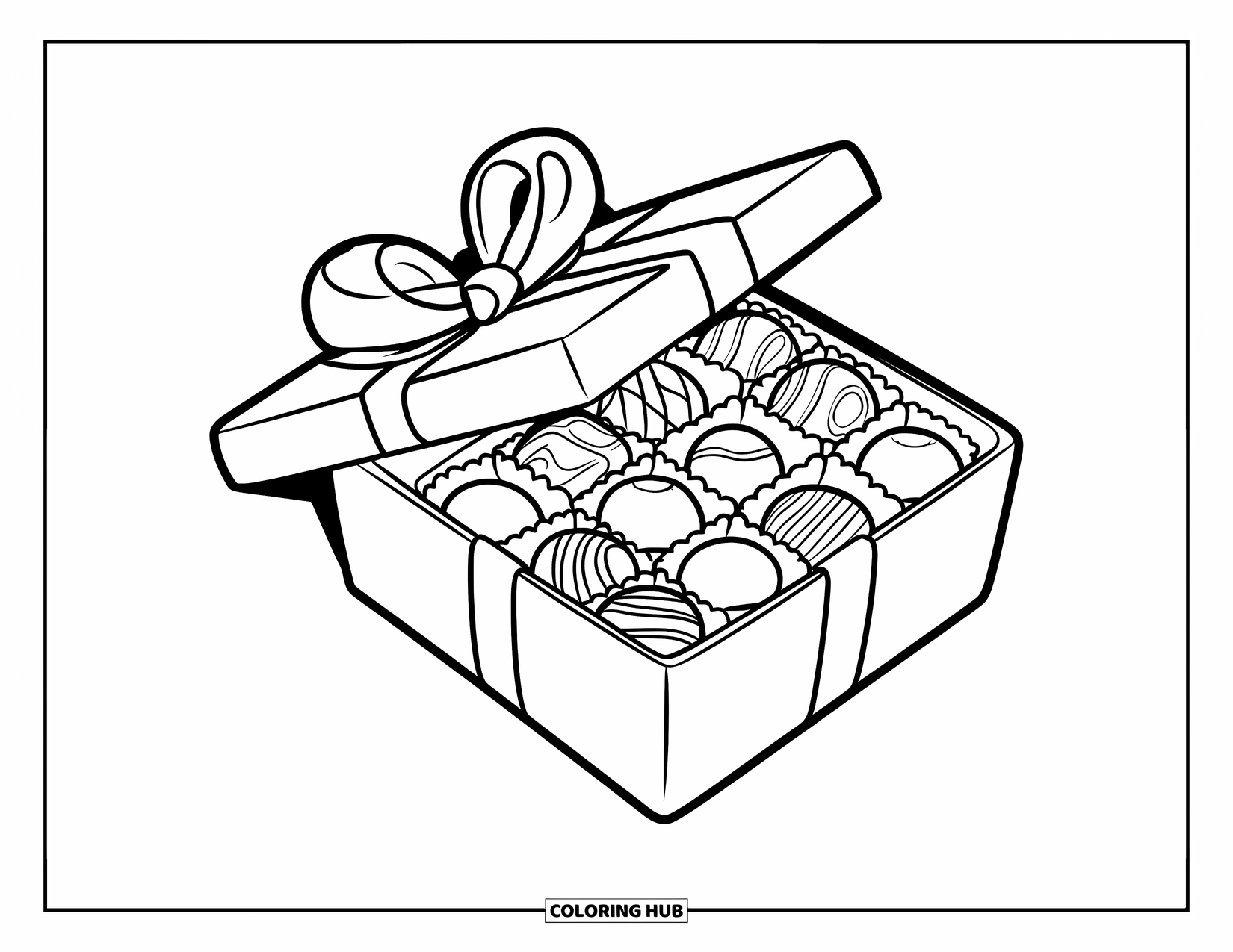 Chocolate Coloring Page for Kids: A ribbon-wrapped gift box holds chocolate bars, truffles, and dipped strawberries