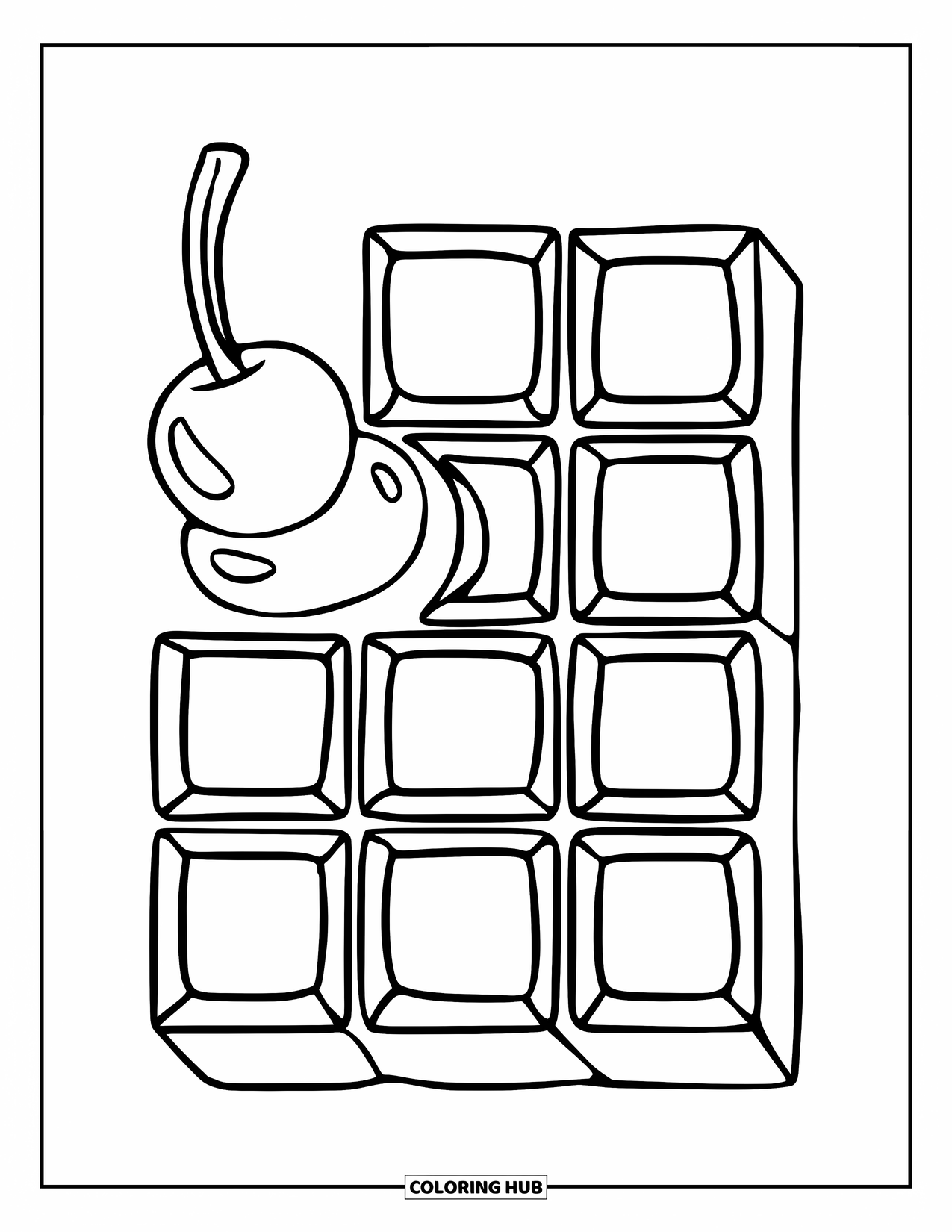 Chocolate Coloring Page for Kids: A rounded chocolate bar with a cherry on top sits in the center