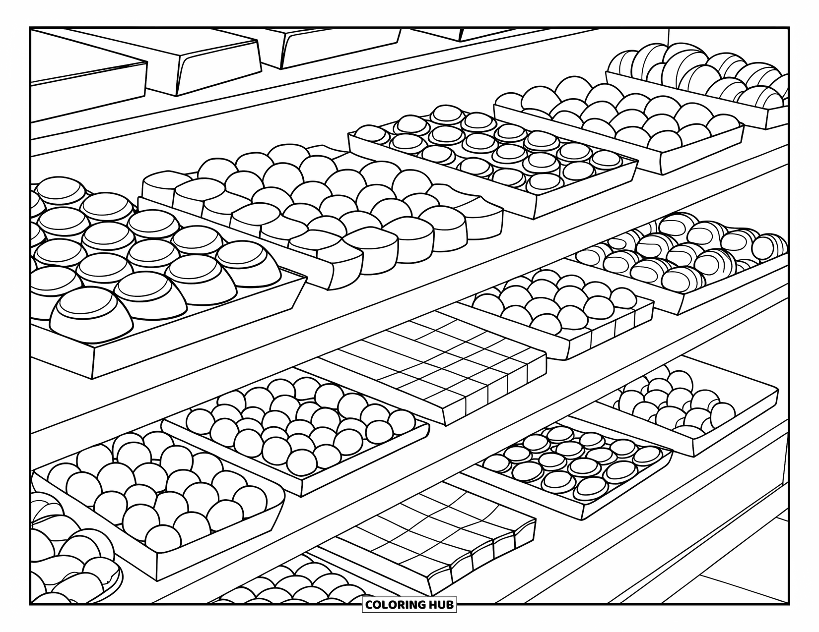 Chocolate Coloring Page for Kids: A shelf packed with chocolate bars, balls, and tiny round candies