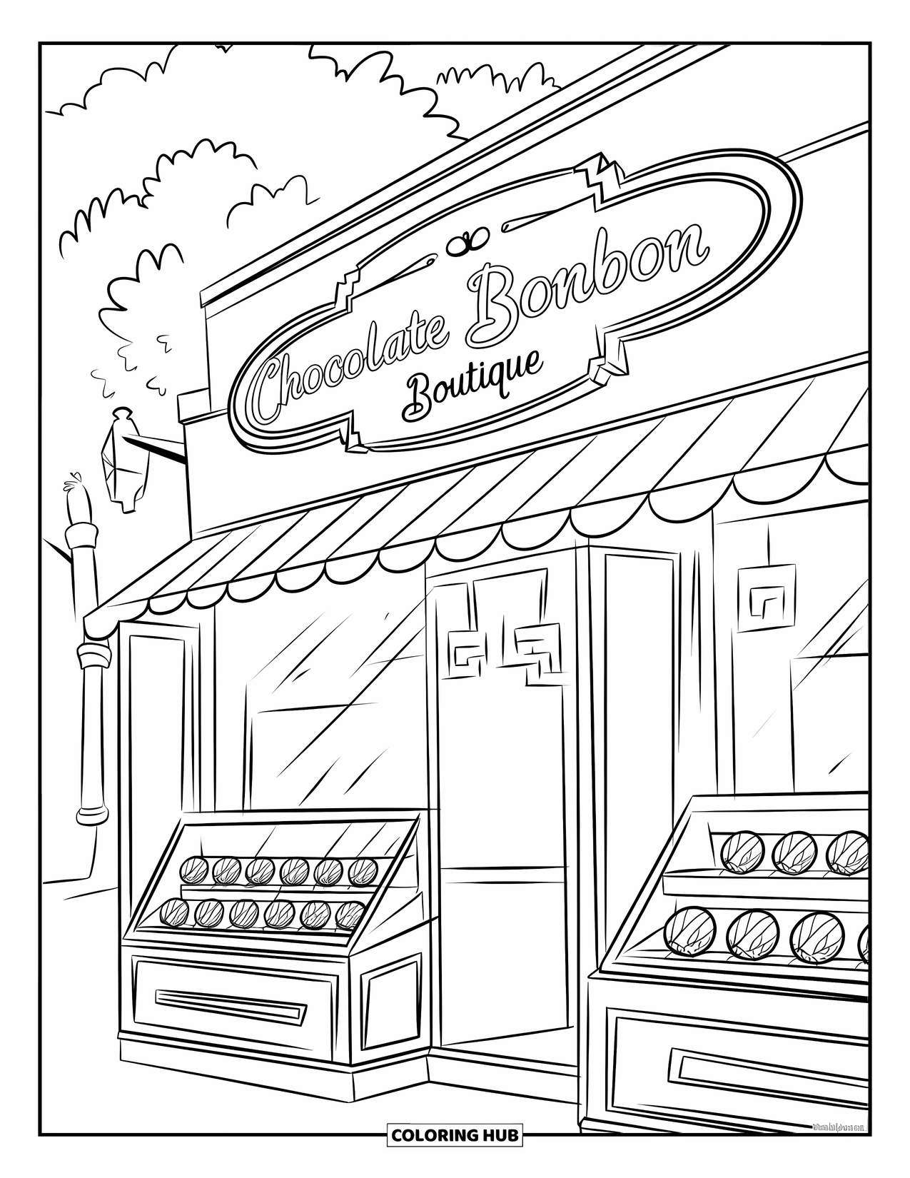 Chocolate Coloring Page for Kids: Bonbons sit in a glass case outside a cute chocolate shop with trees and a lamp post