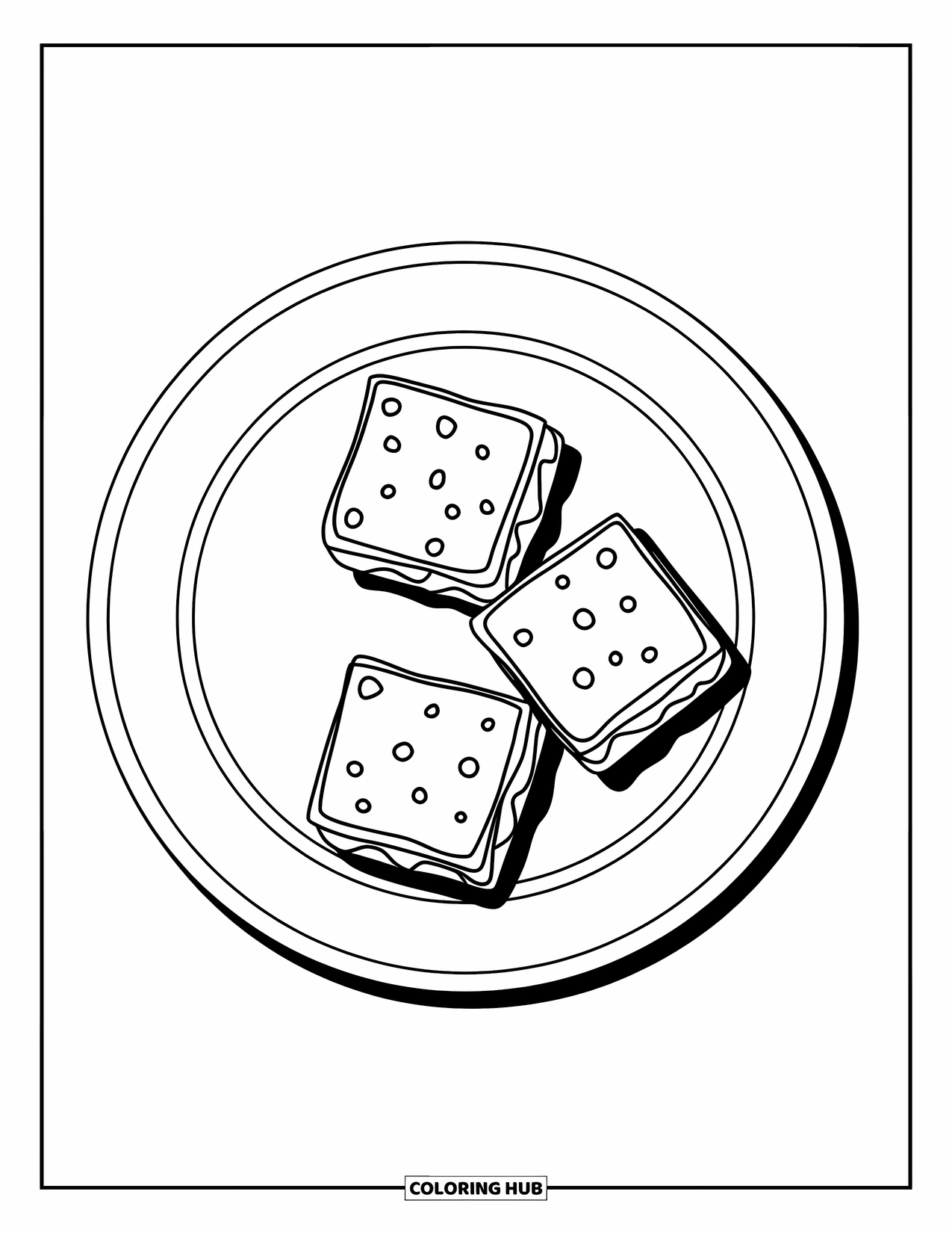 Chocolate Coloring Page for Kids: Brownies with dotted tops sit on a round plate with a bold circle beneath