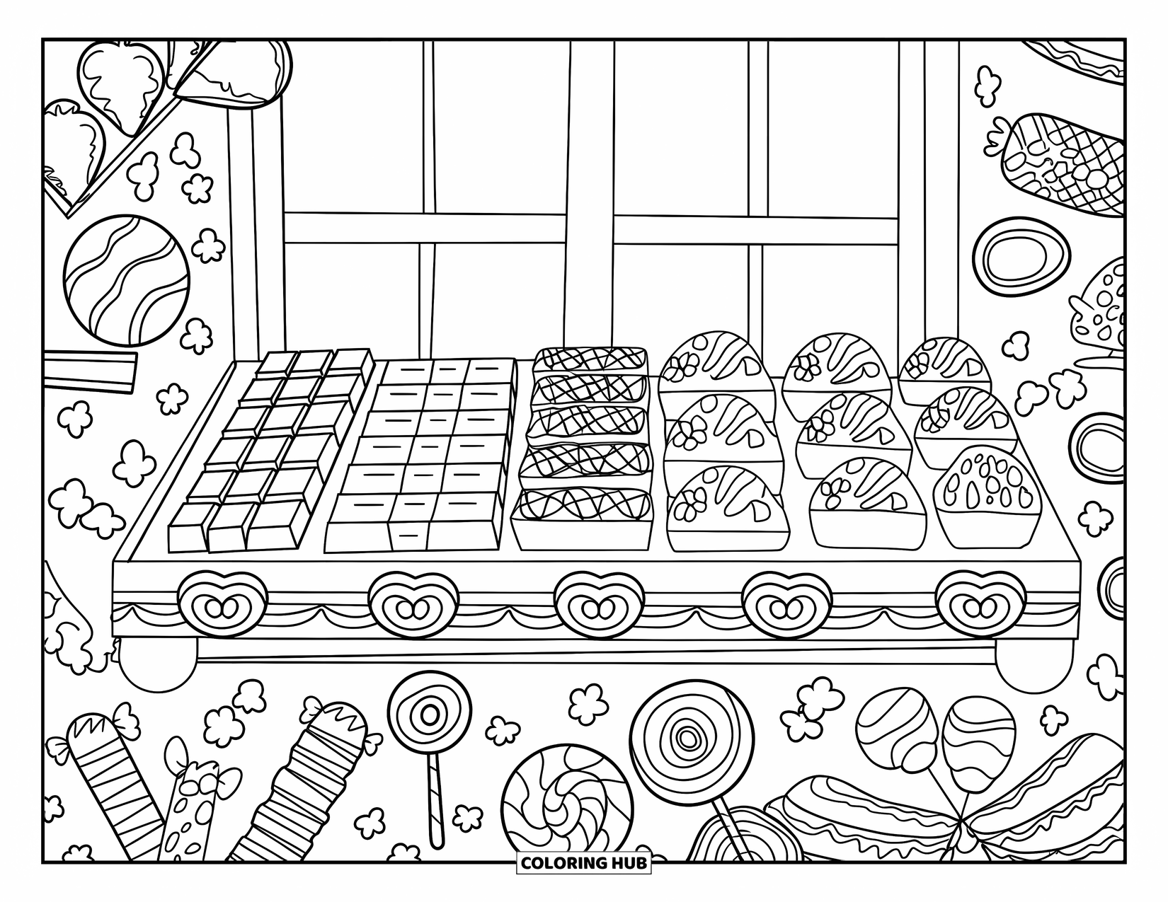 Chocolate Coloring Page for Kids: Chocolate bars, donuts, and truffles sit on a candy shelf with other sweets nearby