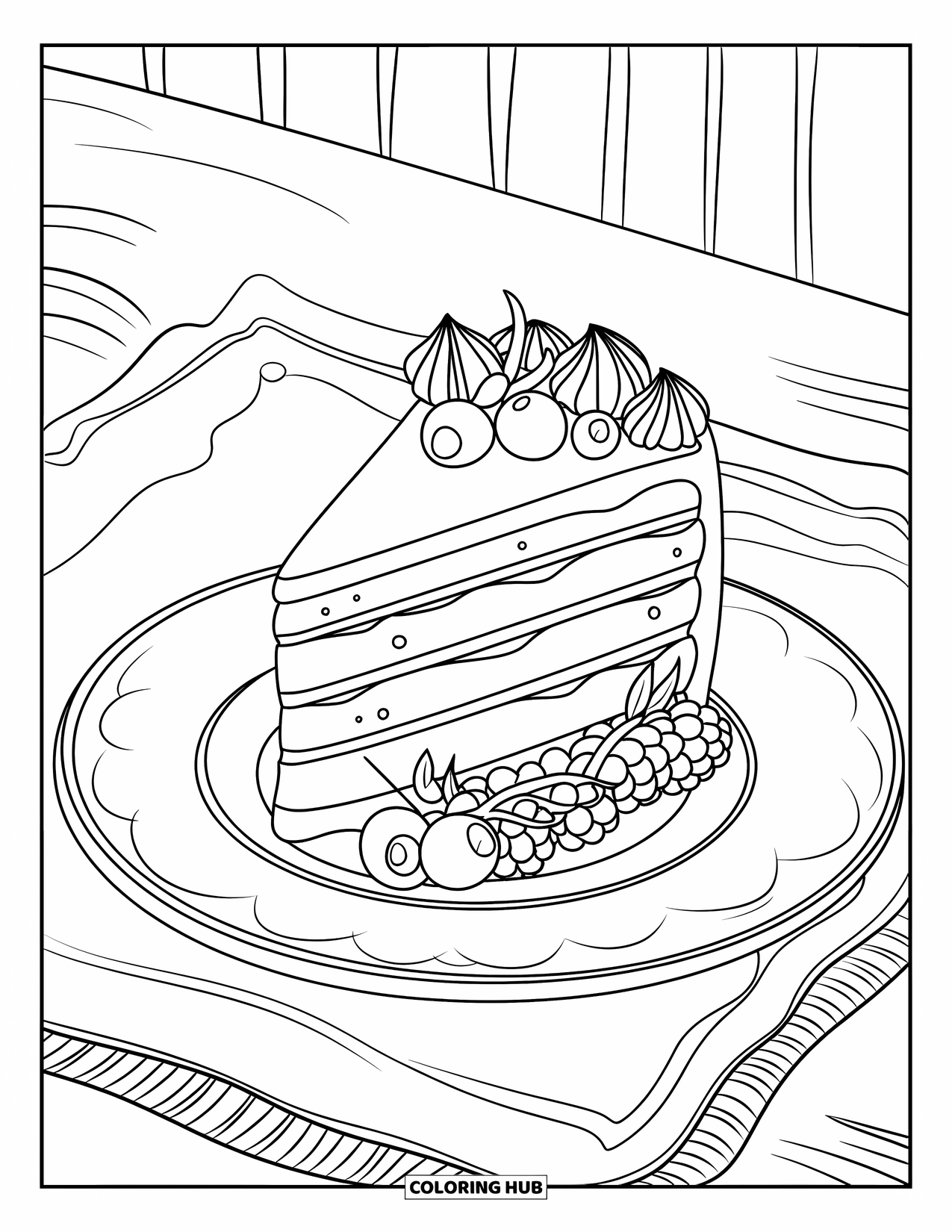 Chocolate Coloring Page for Kids: Chocolate cake topped with ganache and berries rests on an elegant plate
