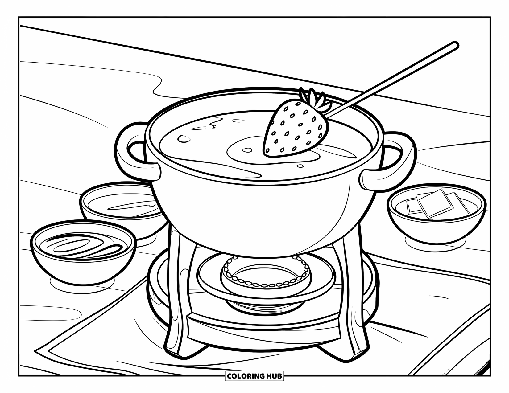 Chocolate Coloring Page for Kids: Chocolate fondue with small side dishes and a dipped strawberry on a clean surface