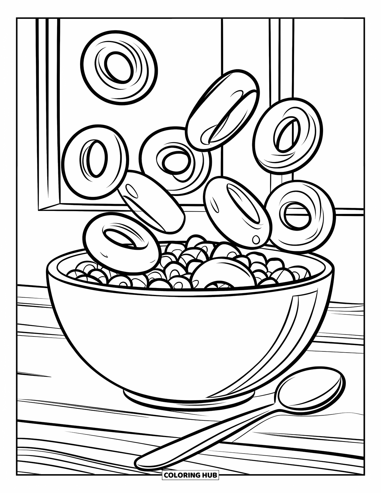 Chocolate Coloring Page for Kids: Chocolate loop cereal floats in a bowl on wood with a spoon close by