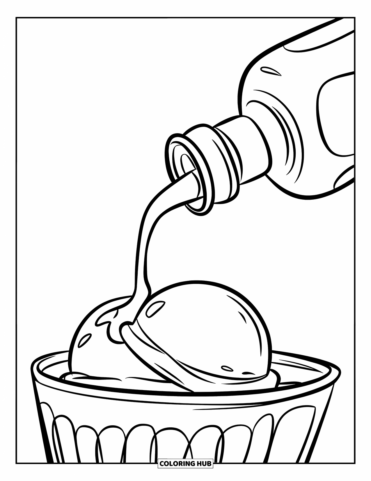Chocolate Coloring Page for Kids: Chocolate syrup drips onto scoops of ice cream stacked on a cone