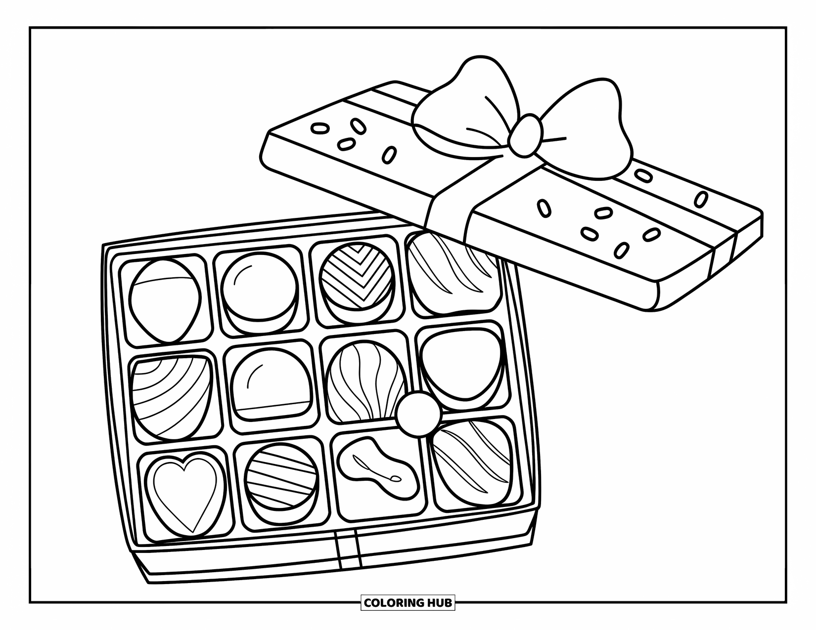 Chocolate Coloring Page for Kids: Chocolates with sprinkles and shapes sit neatly inside a gift box with a ribbon