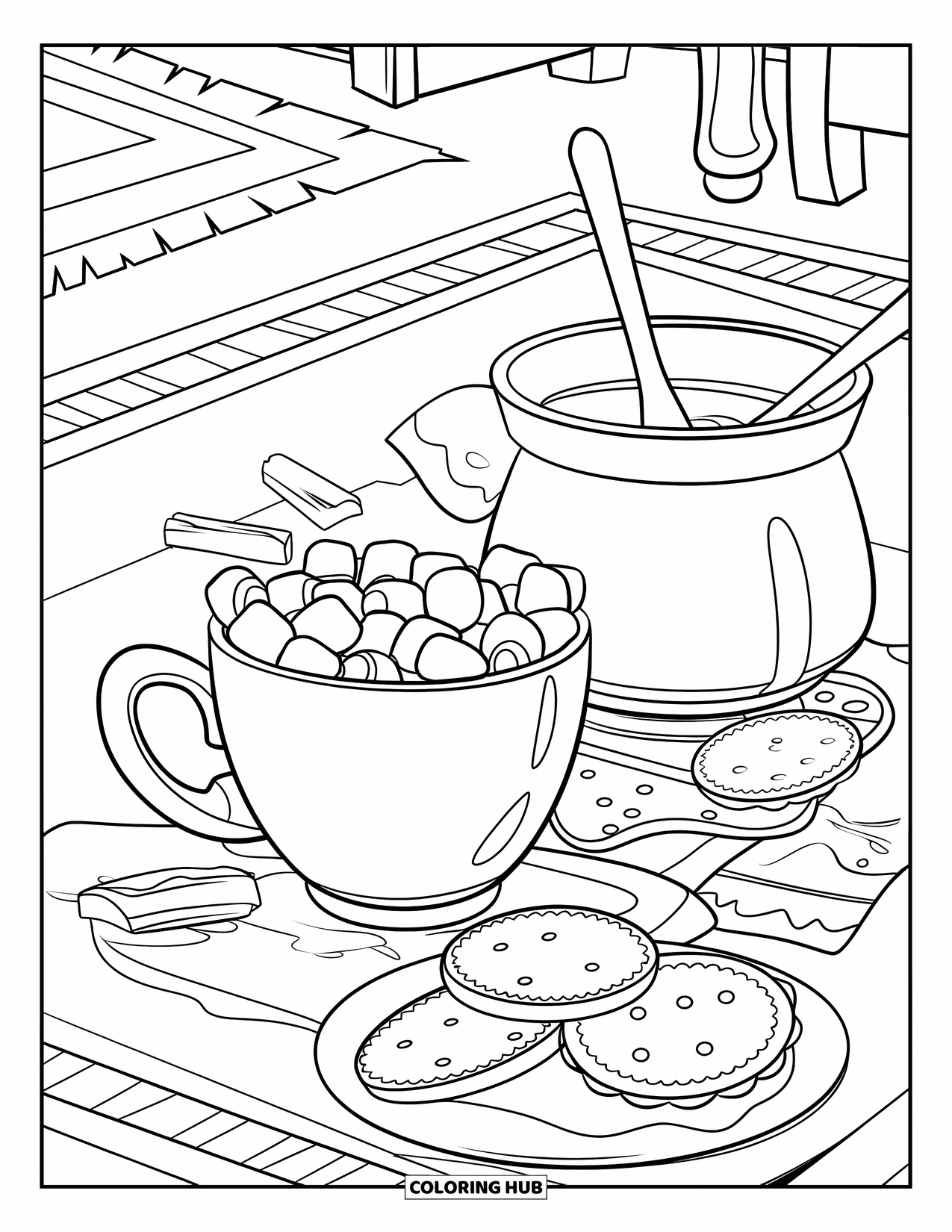 Chocolate Coloring Page for Kids: Cookies, marshmallows, and cocoa sit in a warm room with a table and chair