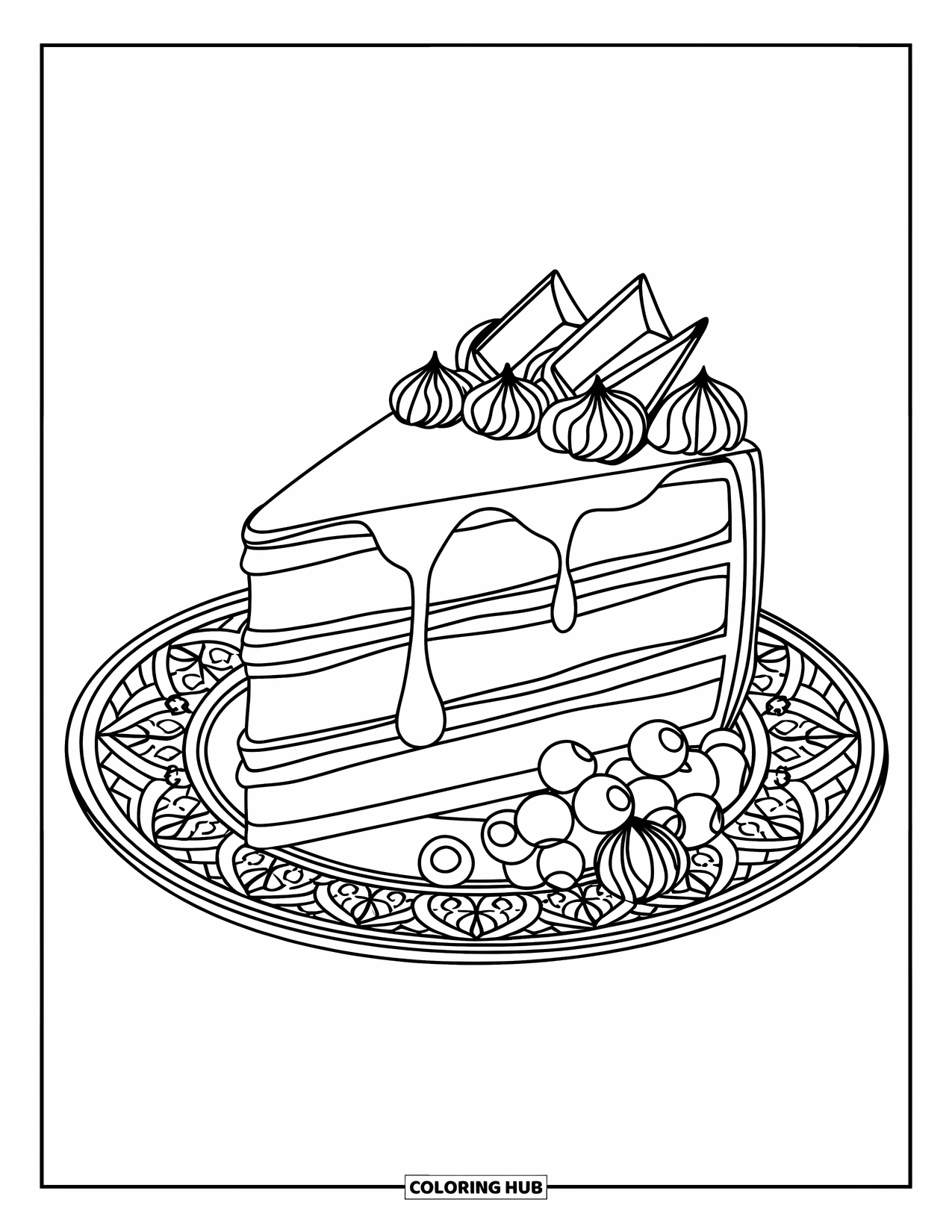 Chocolate Coloring Page for Kids: Layered cake with ganache, berries, and shavings rests on a patterned dessert plate