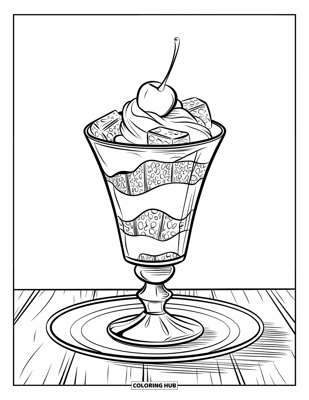 Chocolate Coloring Page for Kids: Layered mousse and brownie dessert topped with a cherry on a cozy plate
