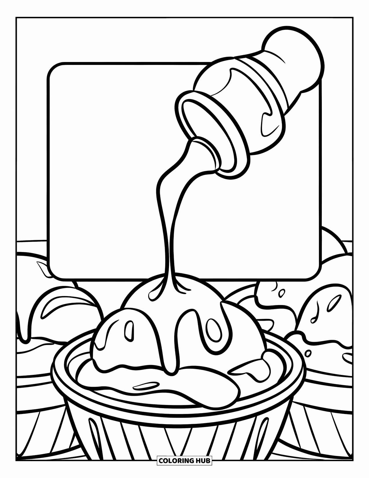 Chocolate Coloring Page for Kids: Syrup drips over a cone of ice cream scoops inside a circular frame