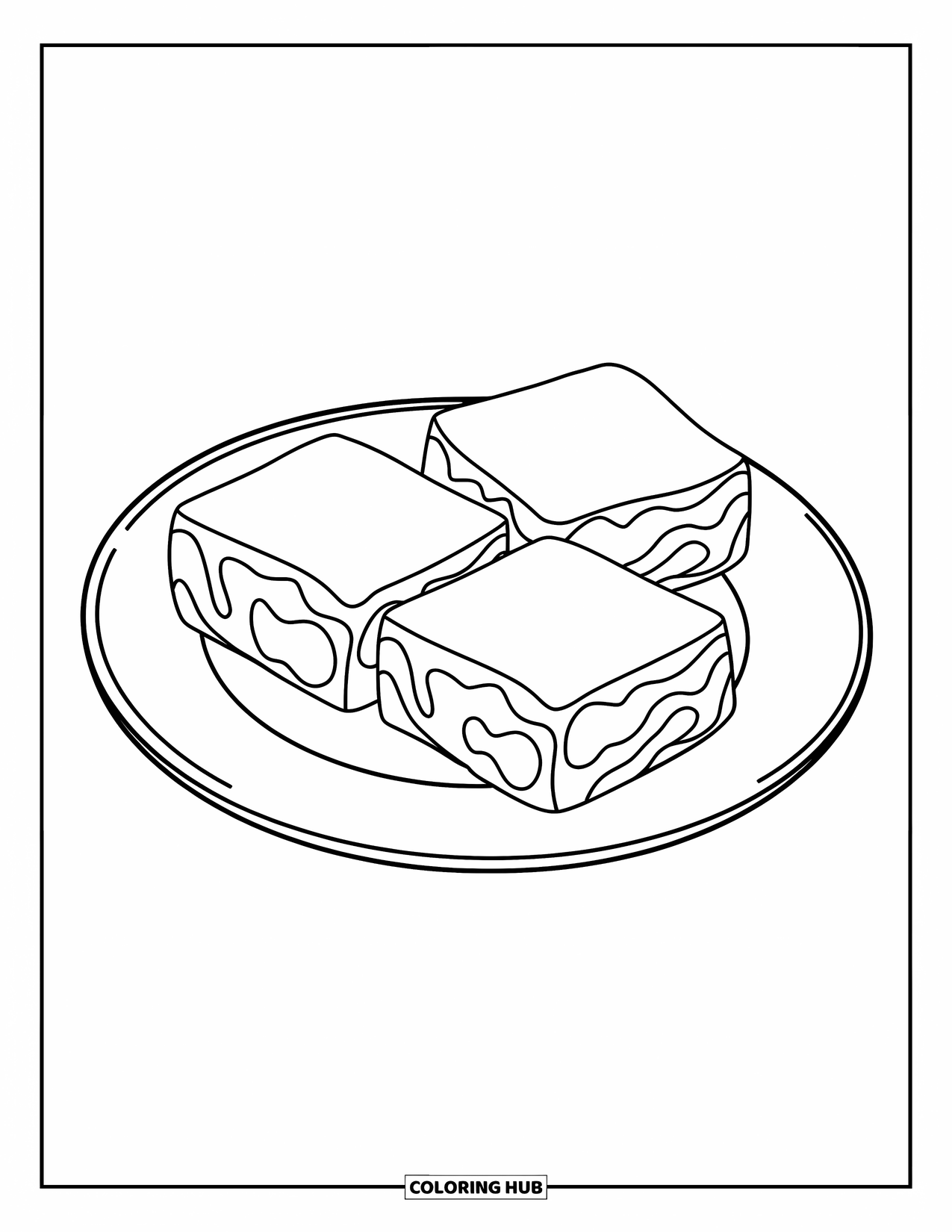 Chocolate Coloring Page for Kids: Three square brownies sit neatly on a plate with a few crumbs around them
