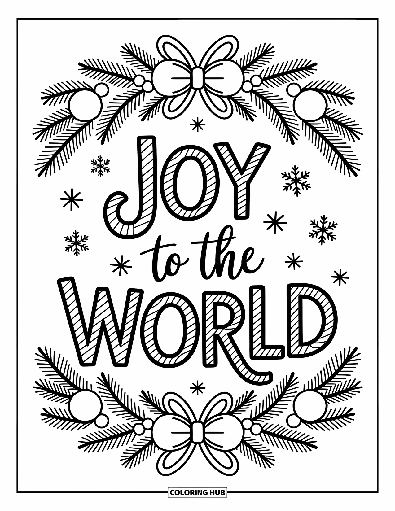 Christmas Card Coloring Page for Adults: Circular pine wreath frames "Joy to the World" with ornaments, stars, and ribbons