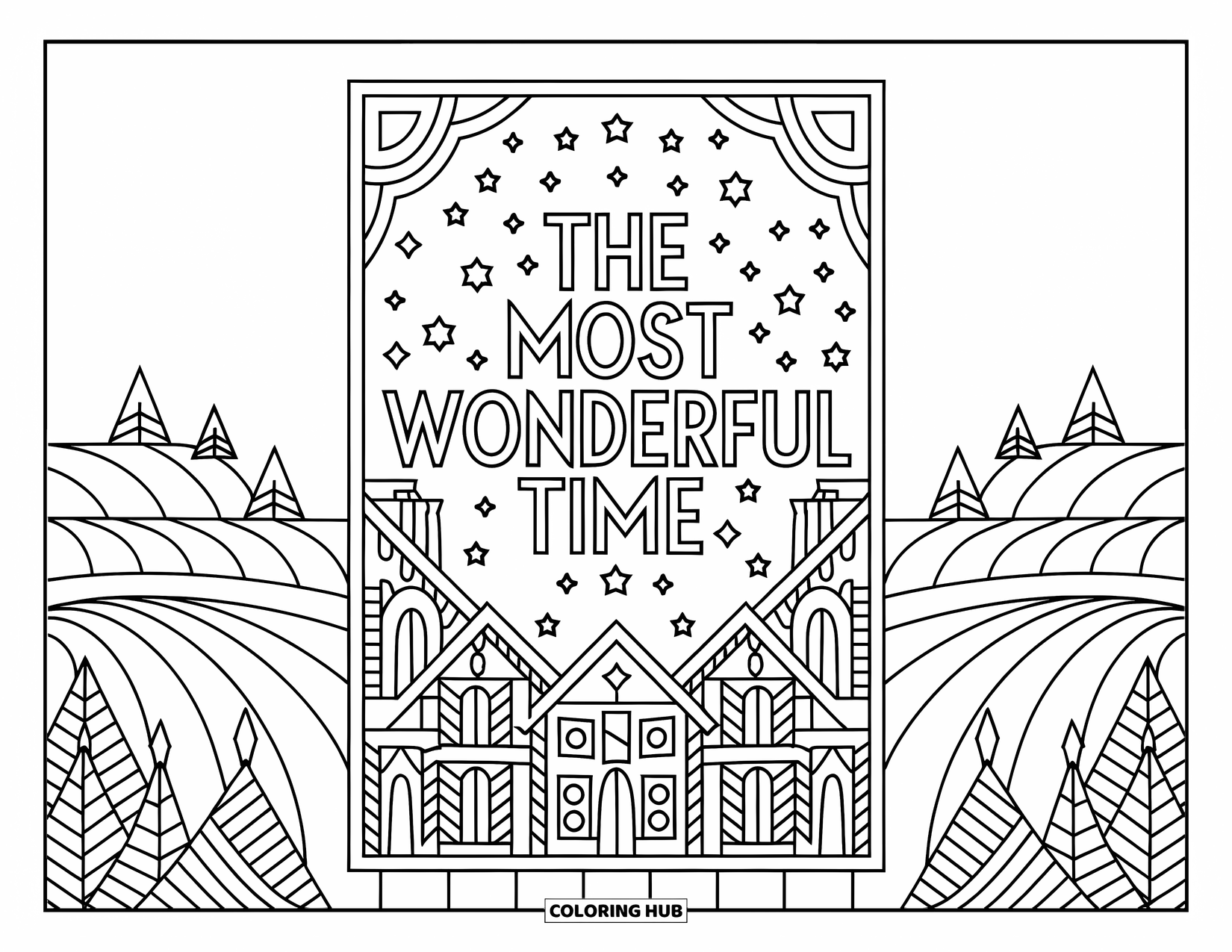 Christmas Card Coloring Page for Adults: Decorated homes under stars with "The Most Wonderful Time" in a festive layout