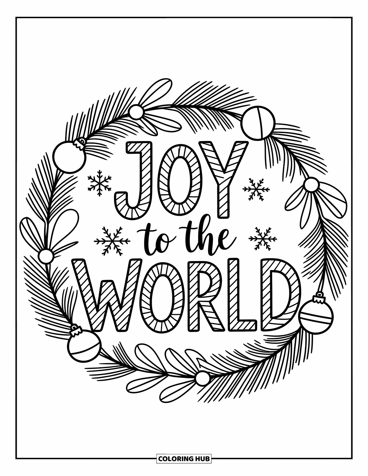 Christmas Card Coloring Page for Adults: Decorated wreath surrounds "Joy to the World" in playful candy-cane lettering