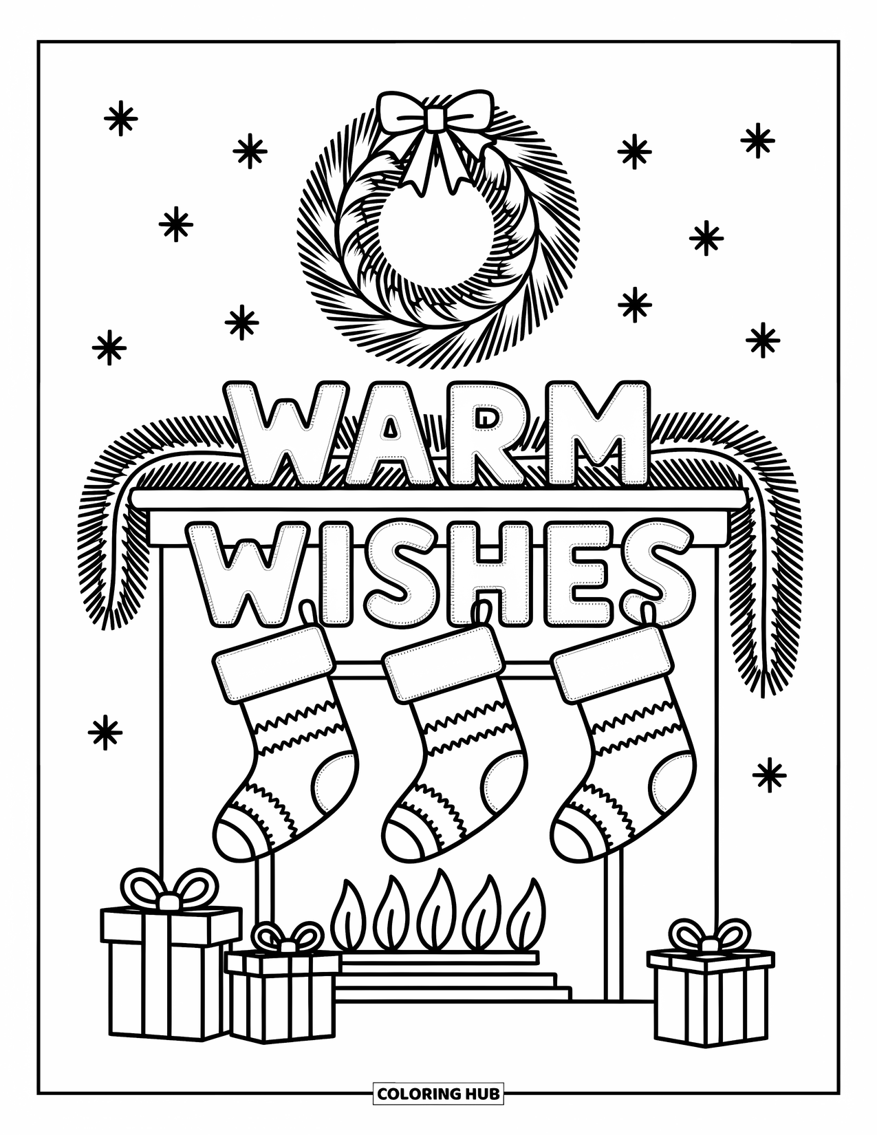 Christmas Card Coloring Page for Adults: Fireplace with stockings and gifts under "Warm Wishes" stitched like cozy fabric