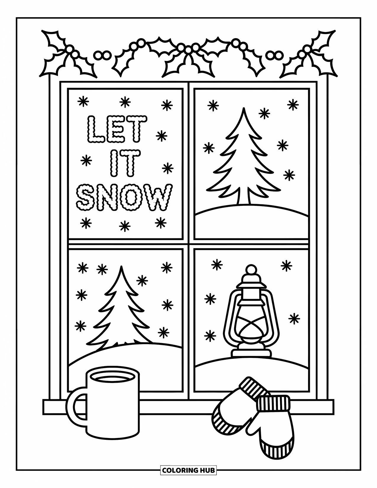 Christmas Card Coloring Page for Adults: Four-pane window shows "Let It Snow," trees, lantern, and festive mug on sill