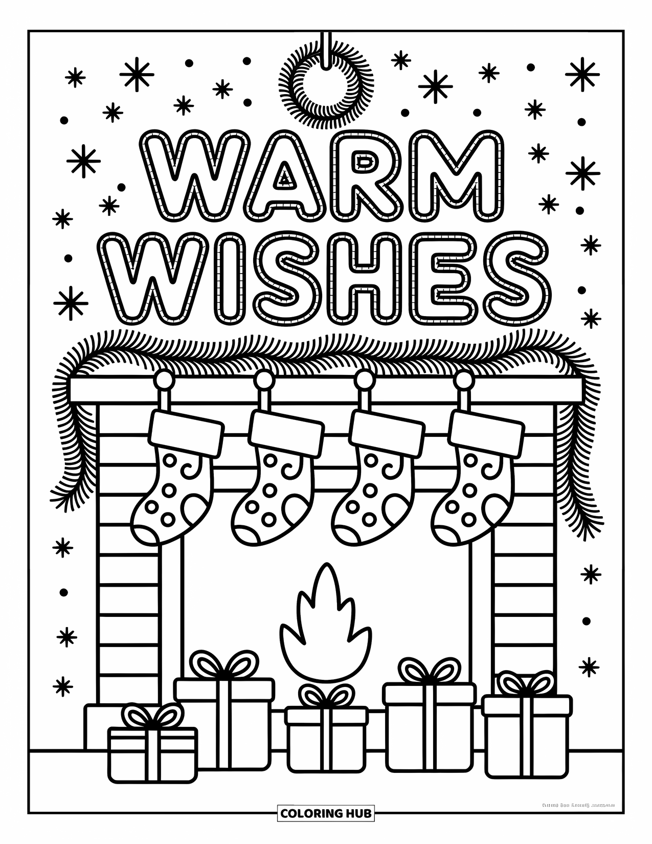 Christmas Card Coloring Page for Adults: Garland-topped fireplace with "Warm Wishes," stockings, gifts, and sparkly snow