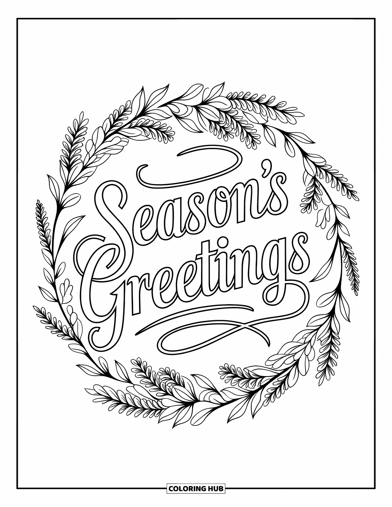 Christmas Card Coloring Page for Adults: Ornate "Season's Greetings" inside a holly wreath in a holiday card design