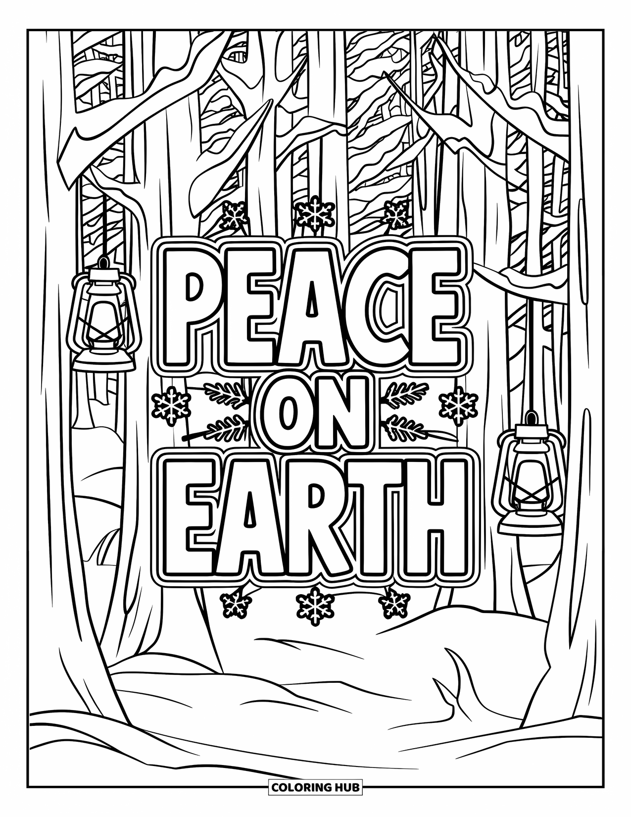 Christmas Card Coloring Page for Adults: Peaceful forest with snowy trees, lanterns, and "Peace on Earth" message