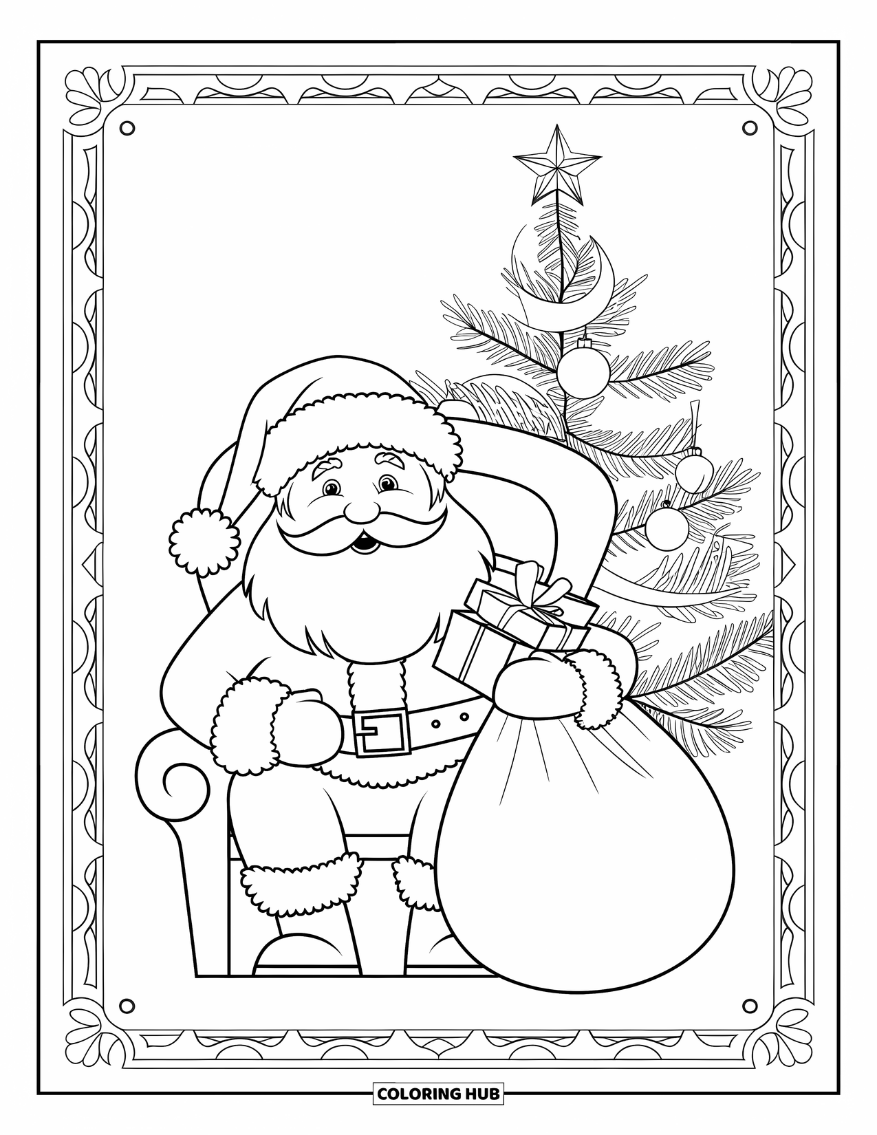 Christmas Card Coloring Page for Adults: Santa in a chair with a gift bag, tree, and festive border