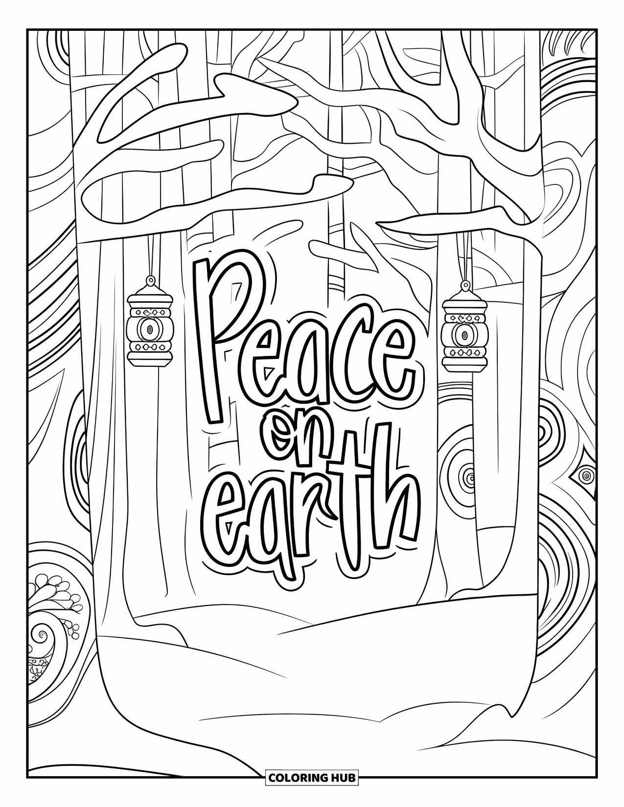 Christmas Card Coloring Page for Adults: Serene snowy woods with lanterns and "Peace on Earth" in decorative font