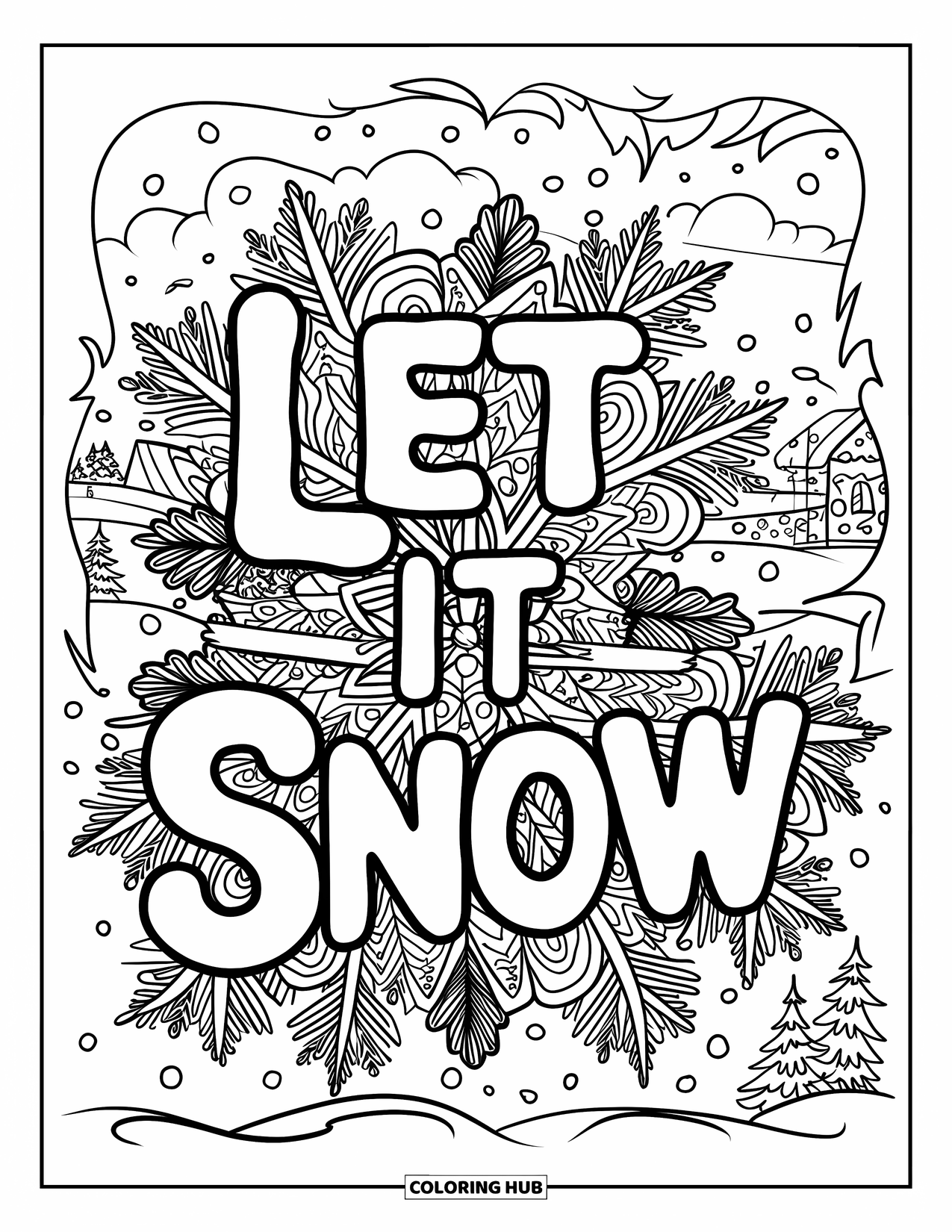 Christmas Card Coloring Page for Adults: Snowflake and pine mandala with "Let It Snow" and a wintery background