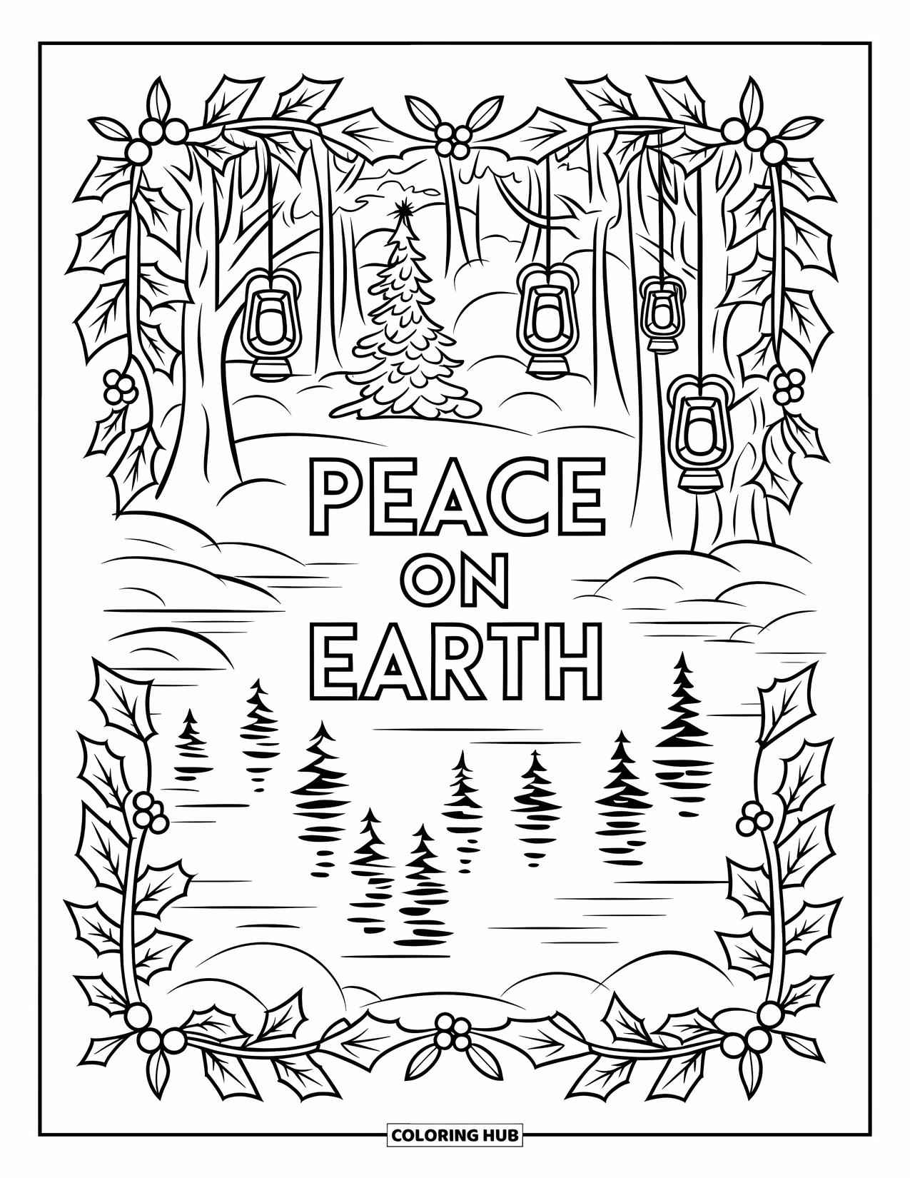 Christmas Card Coloring Page for Adults: Snowy forest and lanterns reflected on a lake with "Peace on Earth"