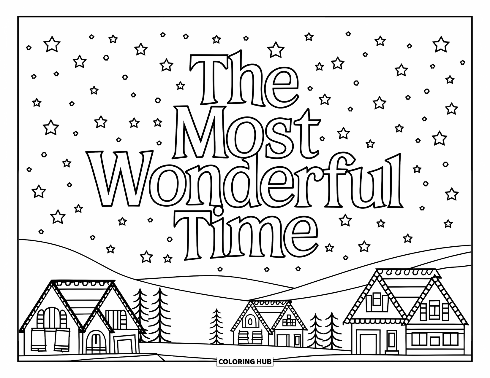 Christmas Card Coloring Page for Adults: Starry sky over decorated houses with "The Most Wonderful Time" text