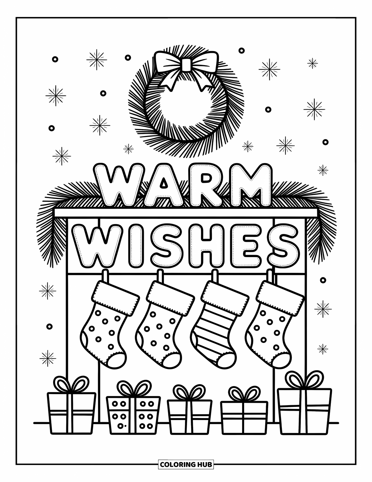 Christmas Card Coloring Page for Adults: Stockings hang above gifts and a wreath in this warm "Warm Wishes" fireplace scene