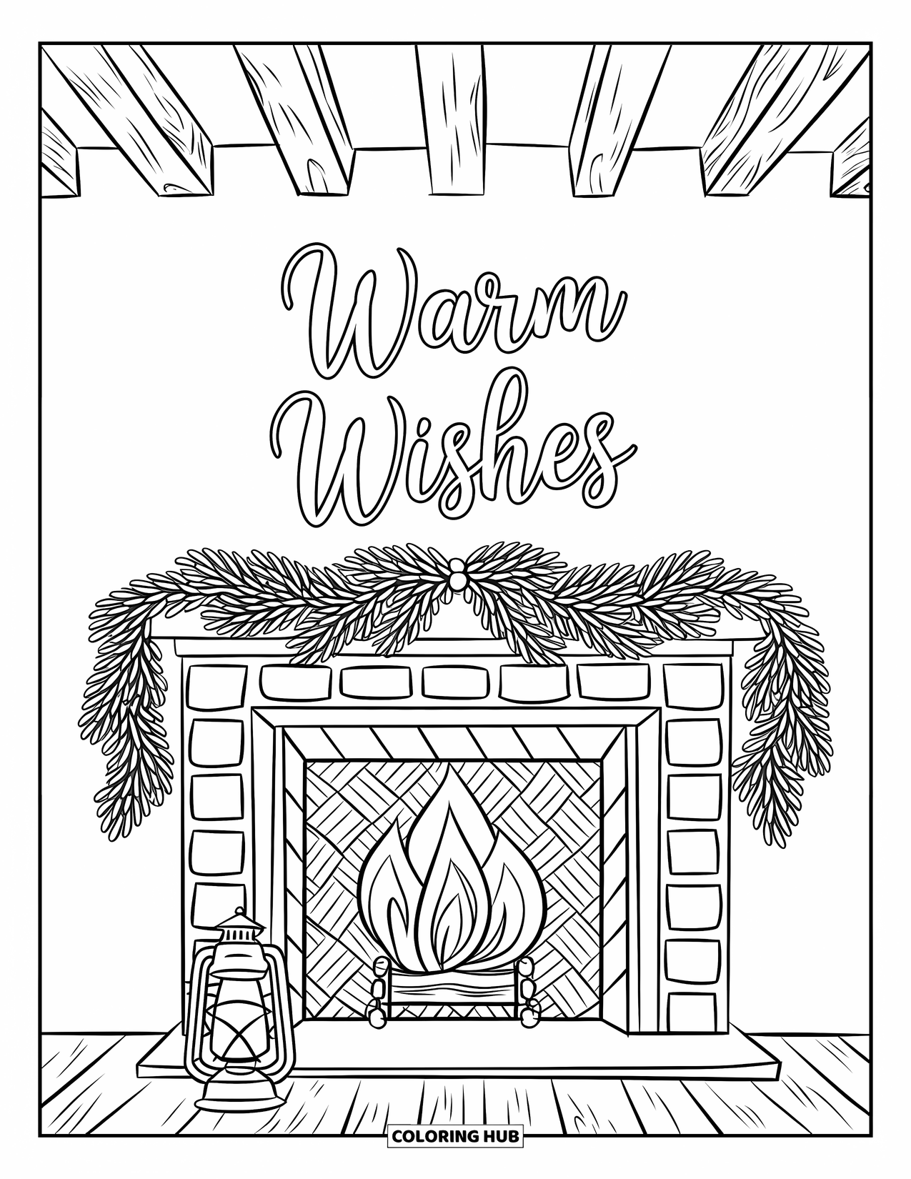 Christmas Card Coloring Page for Adults: "Warm Wishes" above a detailed fireplace with garland and rustic holiday charm