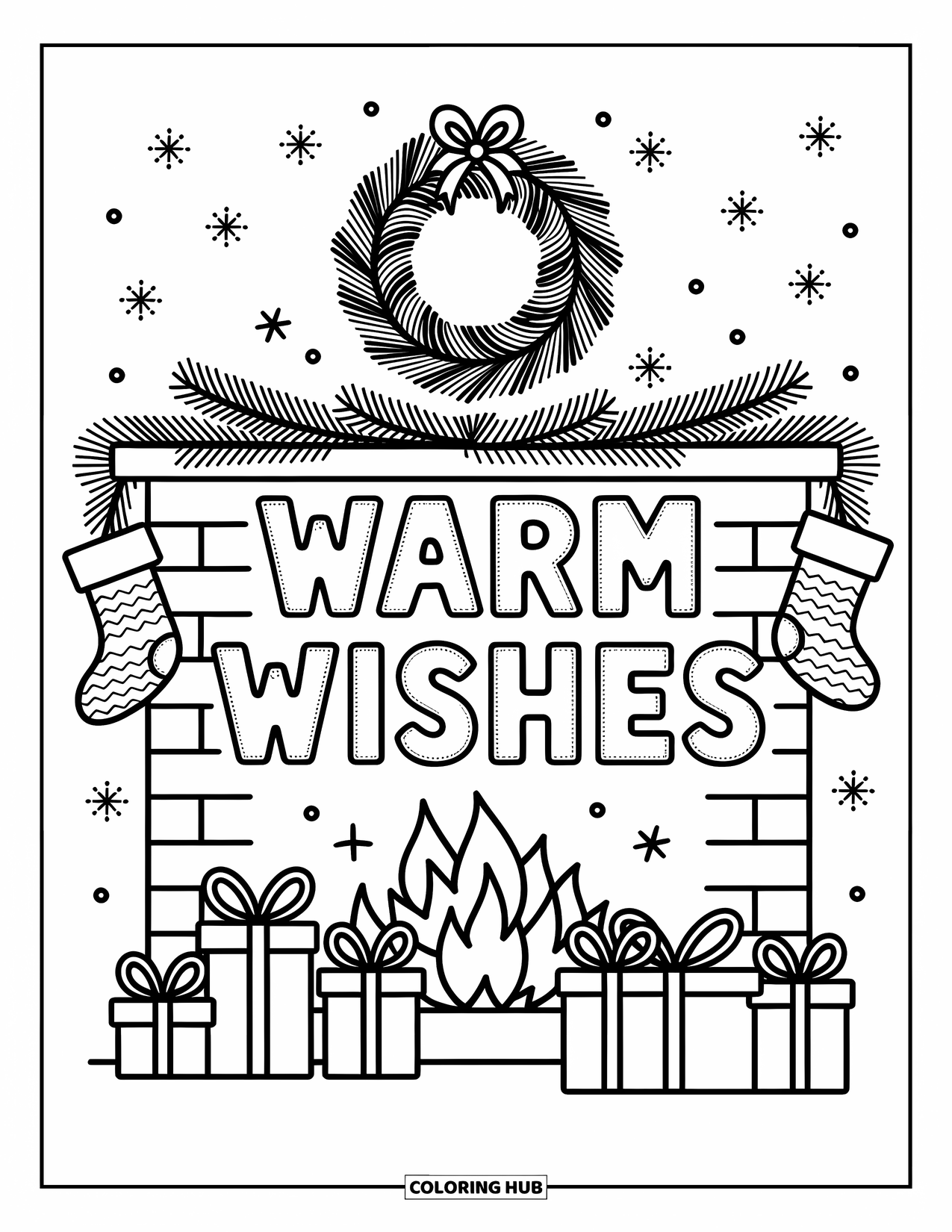 Christmas Card Coloring Page for Adults: "Warm Wishes" glows above stockings and gifts on a cozy Christmas fireplace