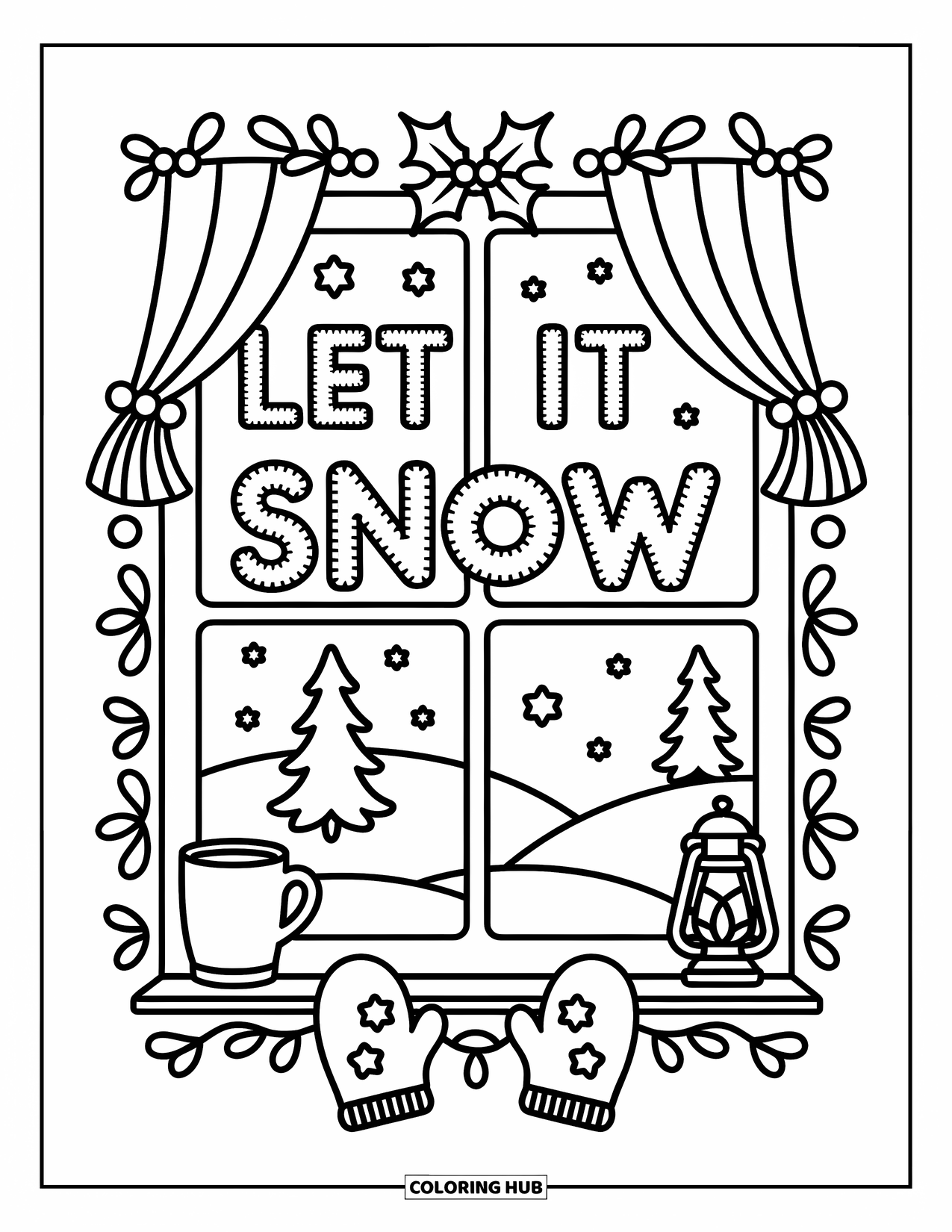 Christmas Card Coloring Page for Adults: Window scene with snowy hills, "Let It Snow," cocoa mug, and cozy mittens