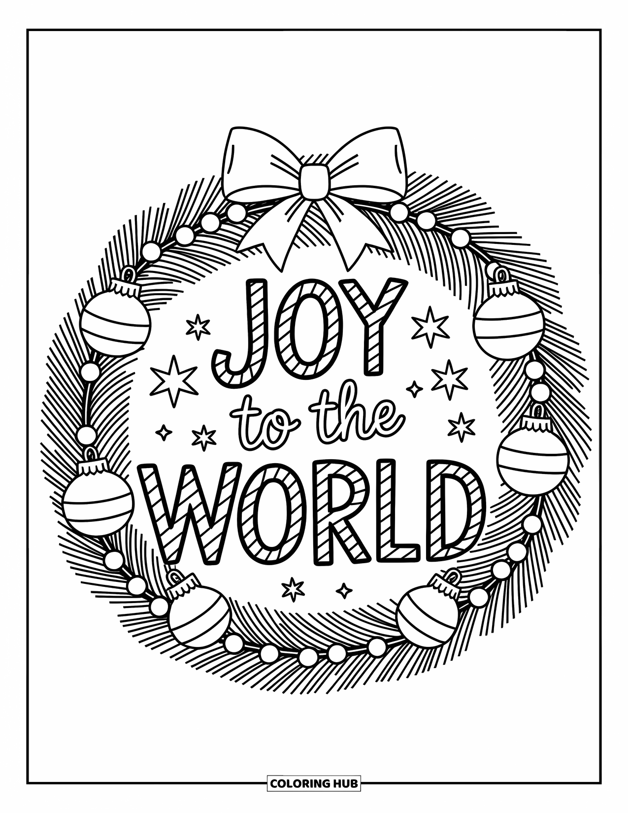 Christmas Card Coloring Page for Adults: Wreath with "Joy to the World" text and candy cane-striped letters and stars