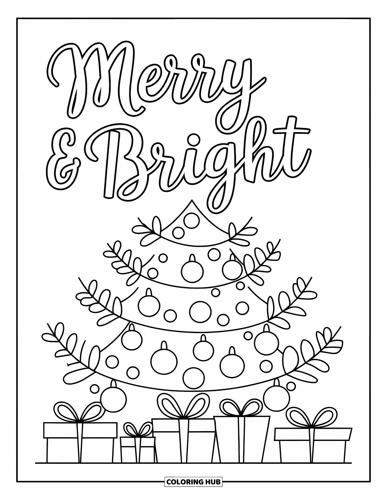 Christmas Card Coloring Page for Kids: A decorated Christmas tree with gifts sits under "Merry & Bright"