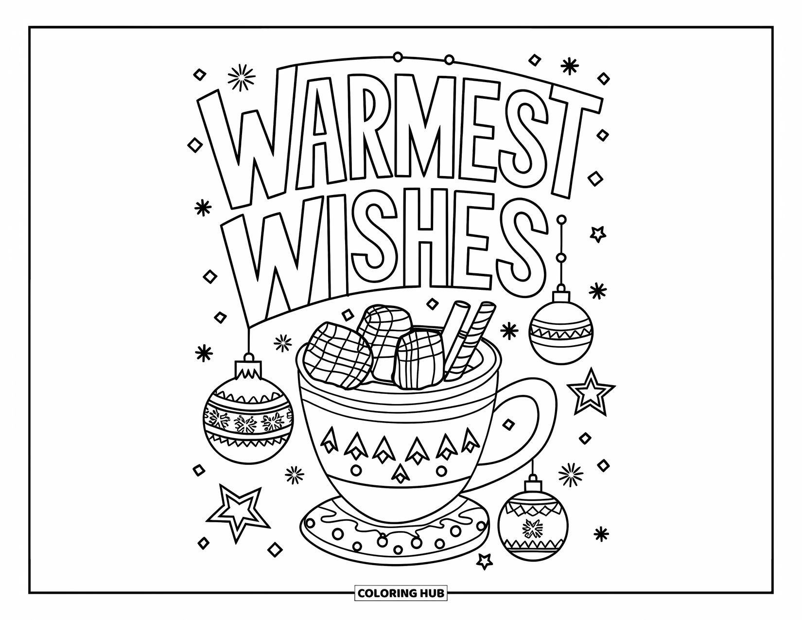 Christmas Card Coloring Page for Kids: A festive mug of cocoa with ornaments and a tree saying "Warmest Wishes"