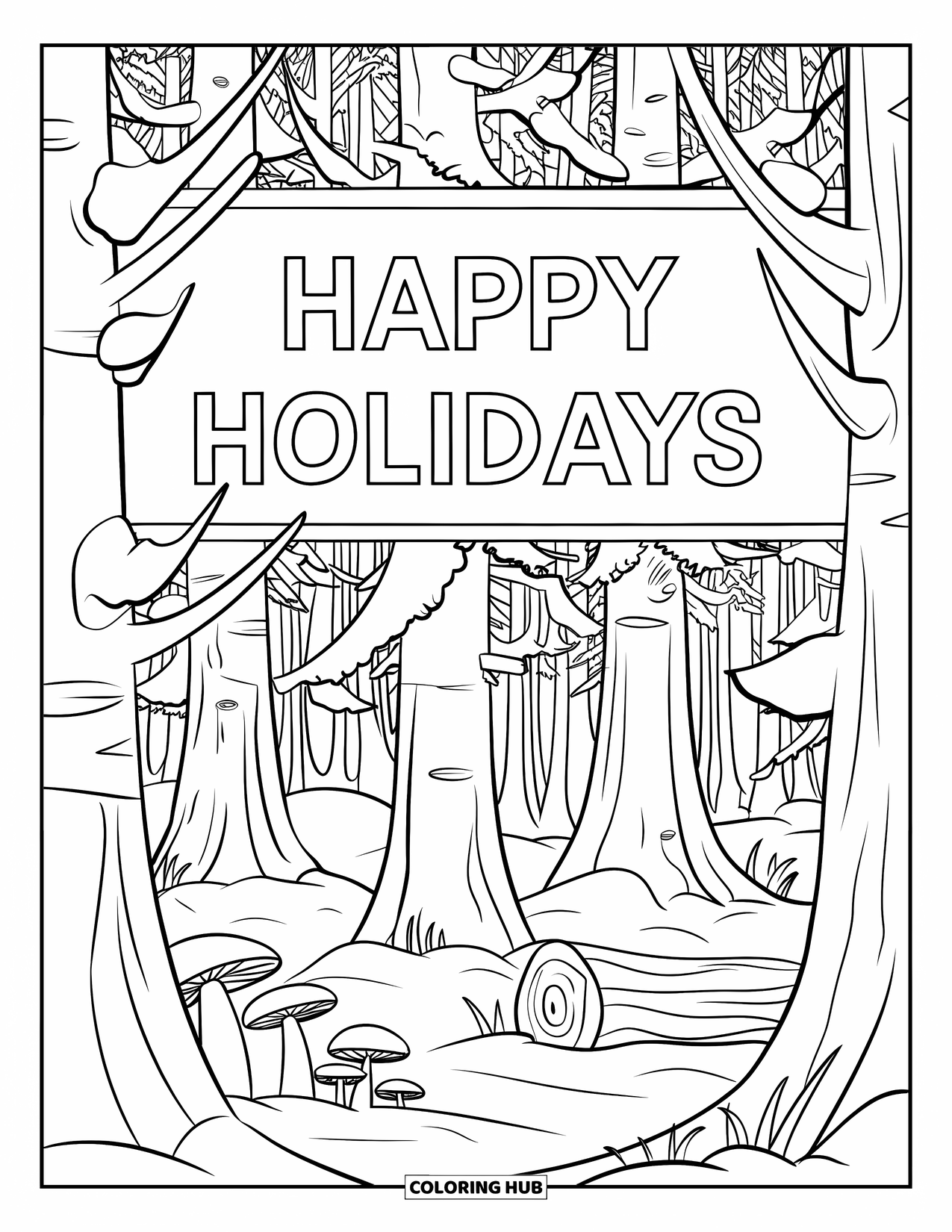 Christmas Card Coloring Page for Kids: A forest path with snow, stars, and the message "Happy Holidays"