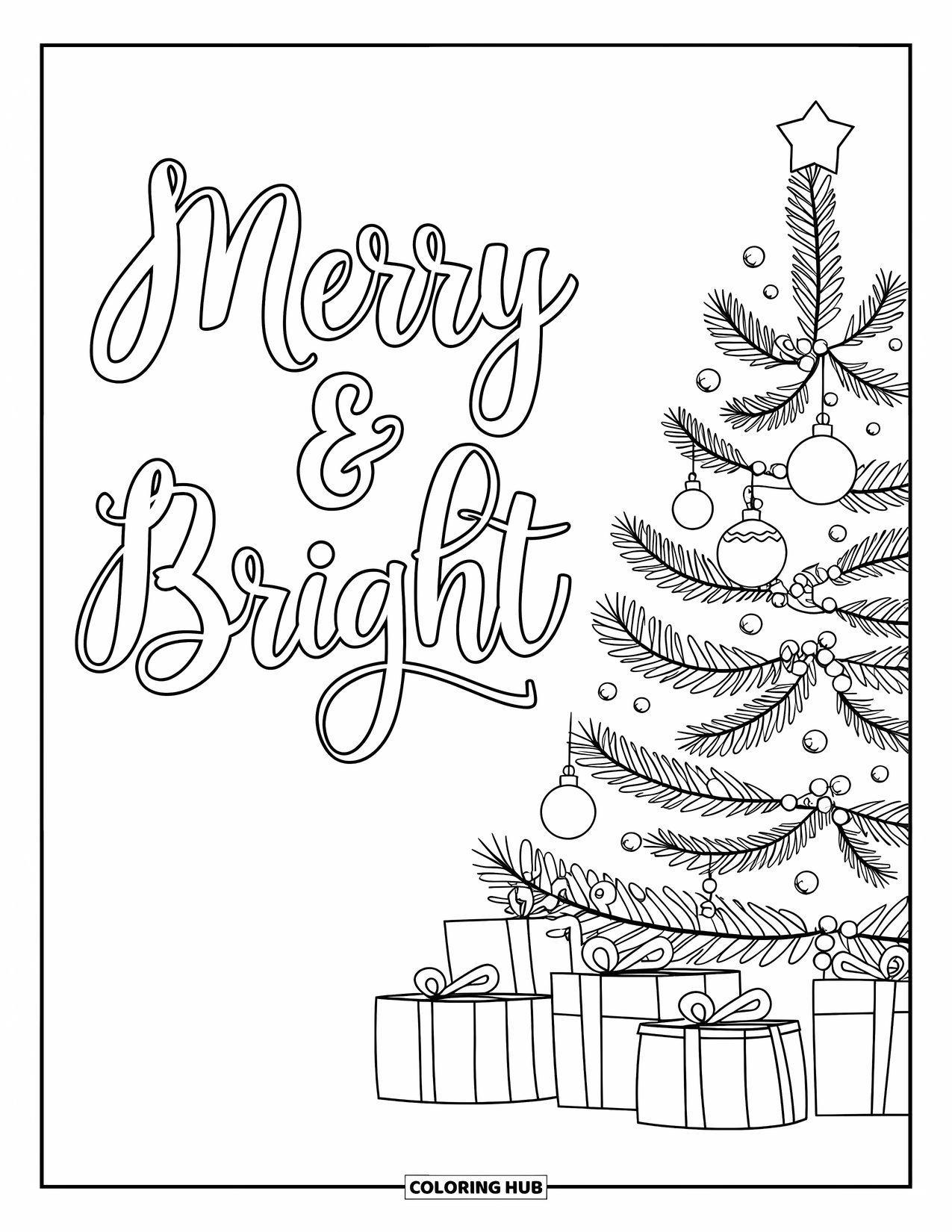 Christmas Card Coloring Page for Kids: A glowing Christmas tree and presents sit below "Merry & Bright"