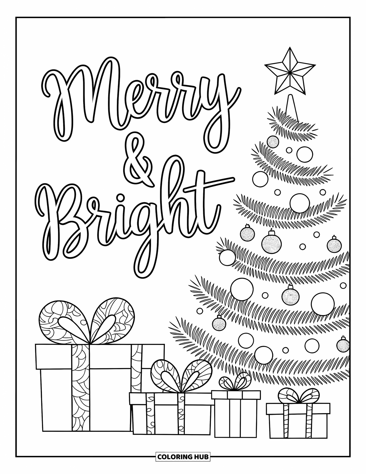 Christmas Card Coloring Page for Kids: A holiday tree with lights and gifts under the phrase "Merry & Bright"