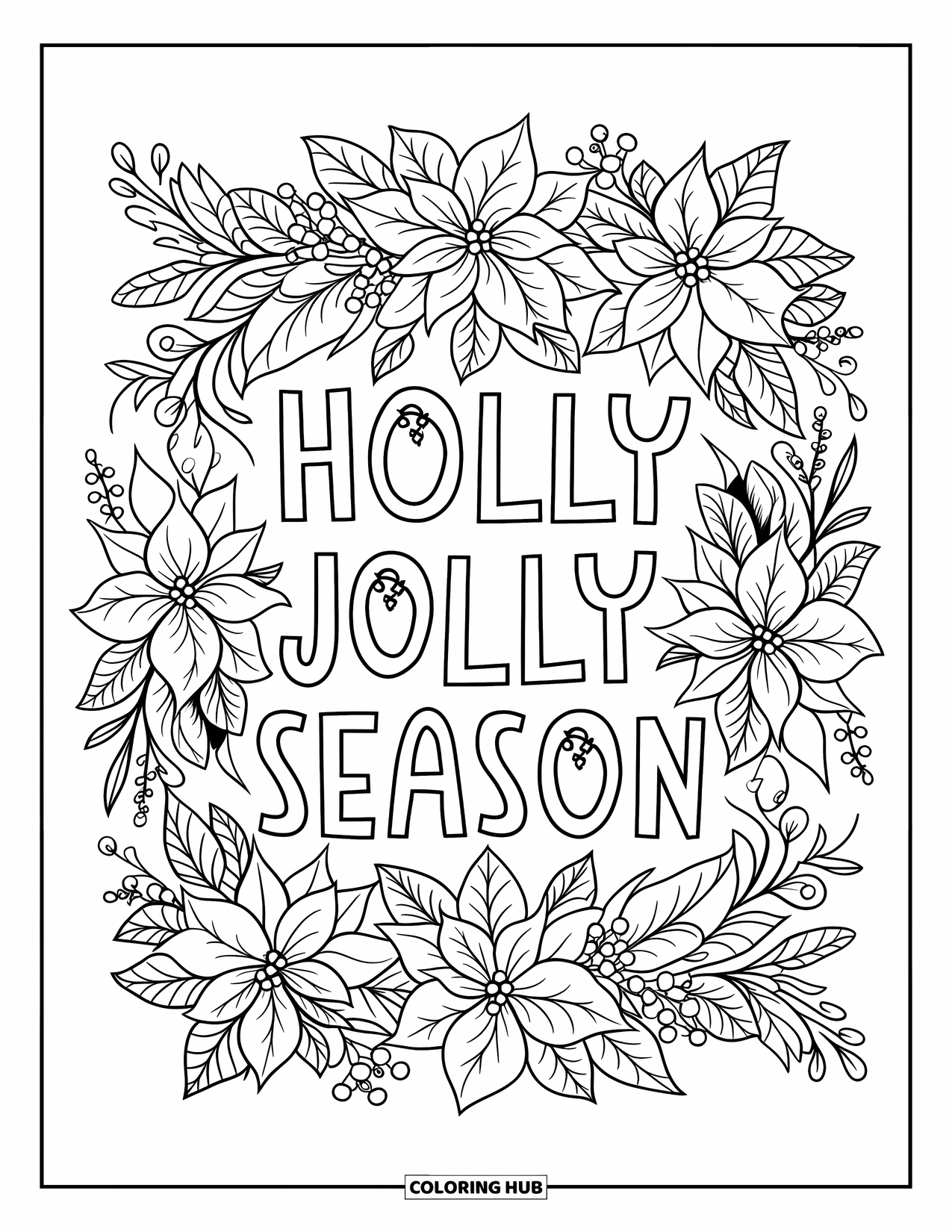 Christmas Card Coloring Page for Kids: A holiday wreath says "Holly Jolly Season" in cheerful modern font