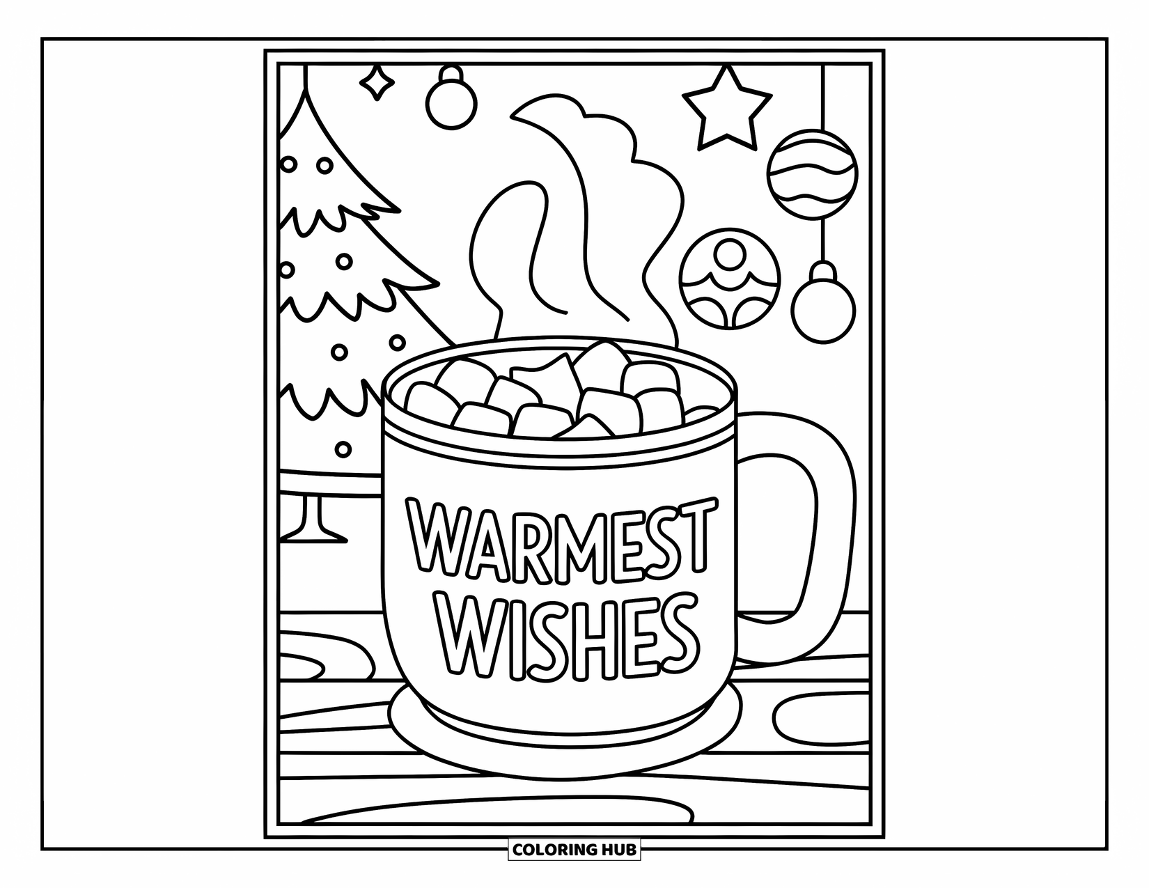 Christmas Card Coloring Page for Kids: A mug of cocoa rests near a tree with a star and ornaments