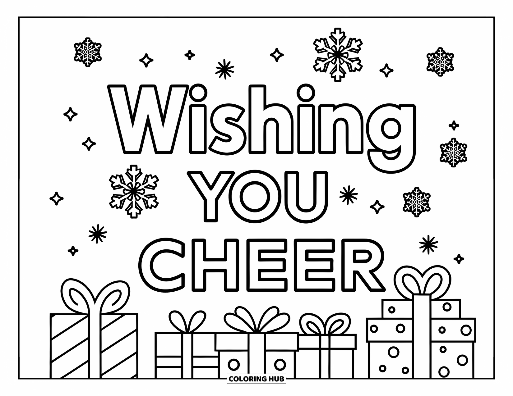 Christmas Card Coloring Page for Kids: A snowflake-filled gift tower stands below the words "Wishing You Cheer"