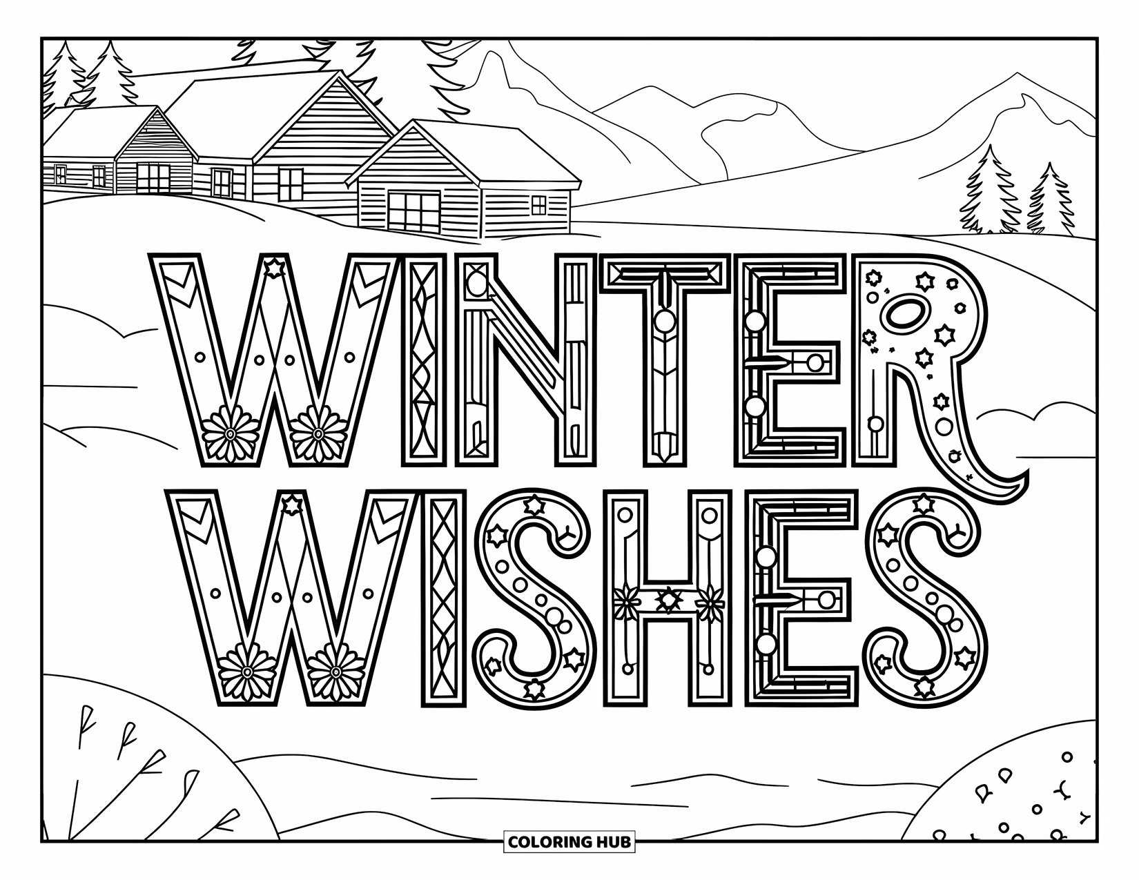 Christmas Card Coloring Page for Kids: A snowy mountain scene with two cabins and "Winter Wishes" written above