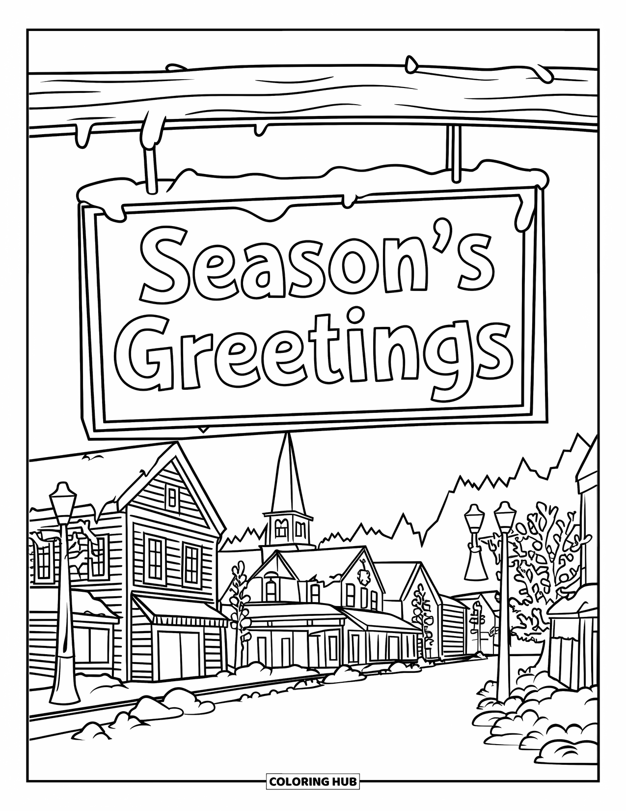 Christmas Card Coloring Page for Kids: A snowy town street with buildings and a "Season's Greetings" sign