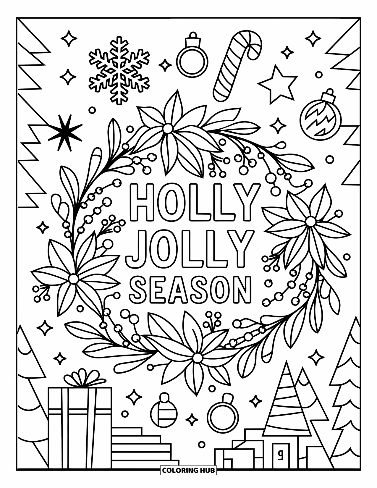 Christmas Card Coloring Page for Kids: A wreath with berries and holiday items says "Holly Jolly Season"