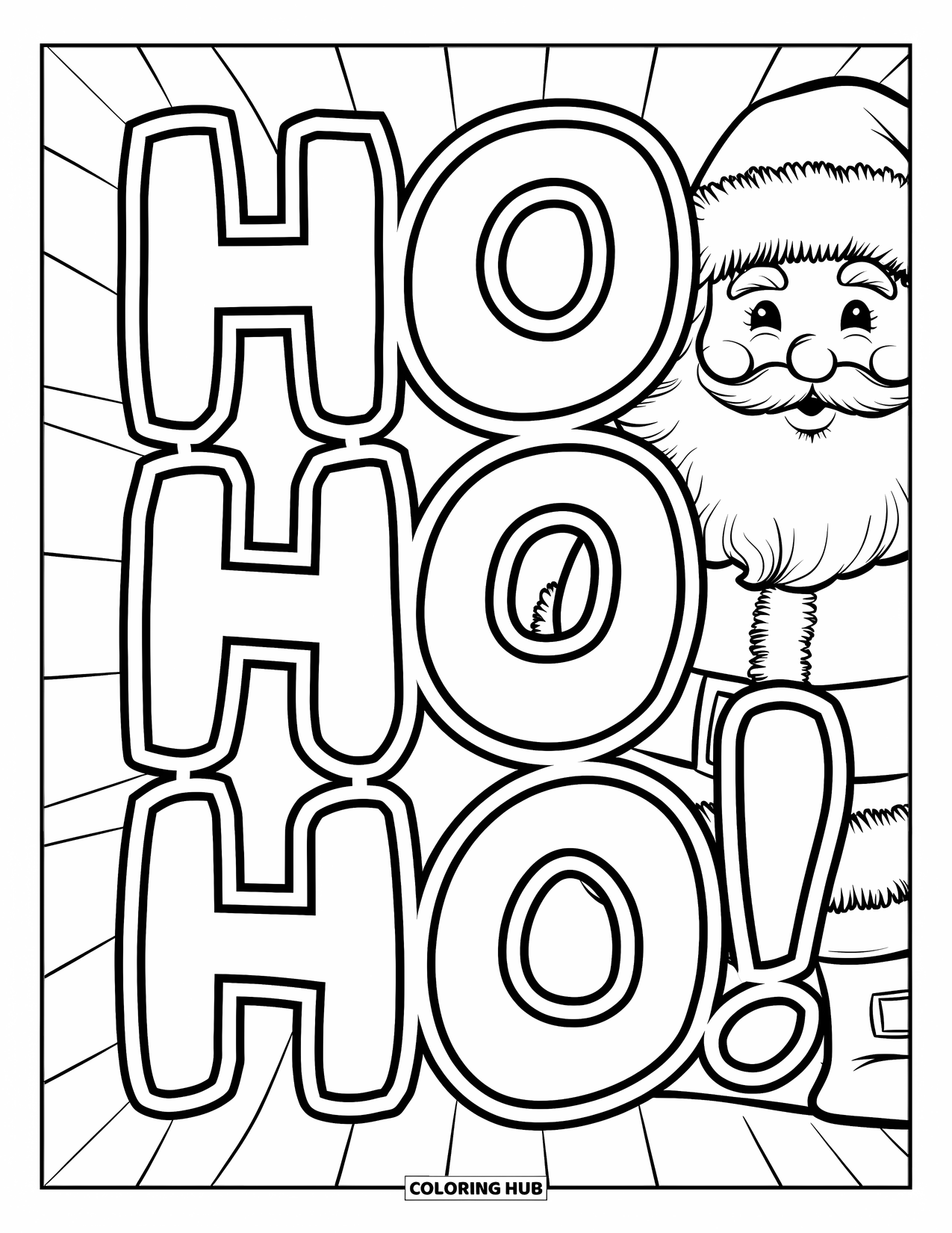 Christmas Card Coloring Page for Kids: Big cheerful "Ho Ho Ho" with Santa's smiling face