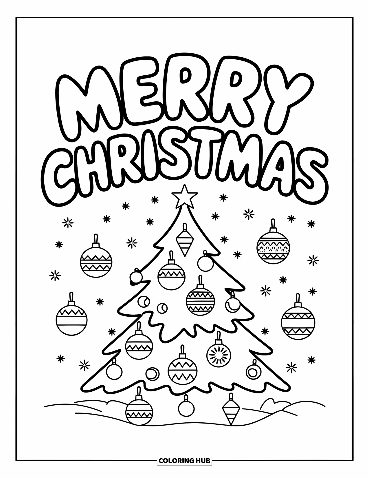Christmas Card Coloring Page for Kids: Bubble "Merry Christmas" letters over a simple decorated tree