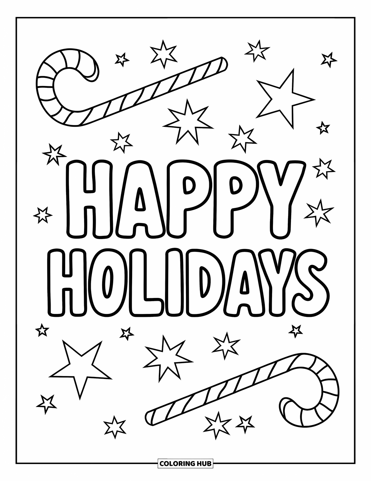 Christmas Card Coloring Page for Kids: Chunky "Happy Holidays" letters with candy canes and stars